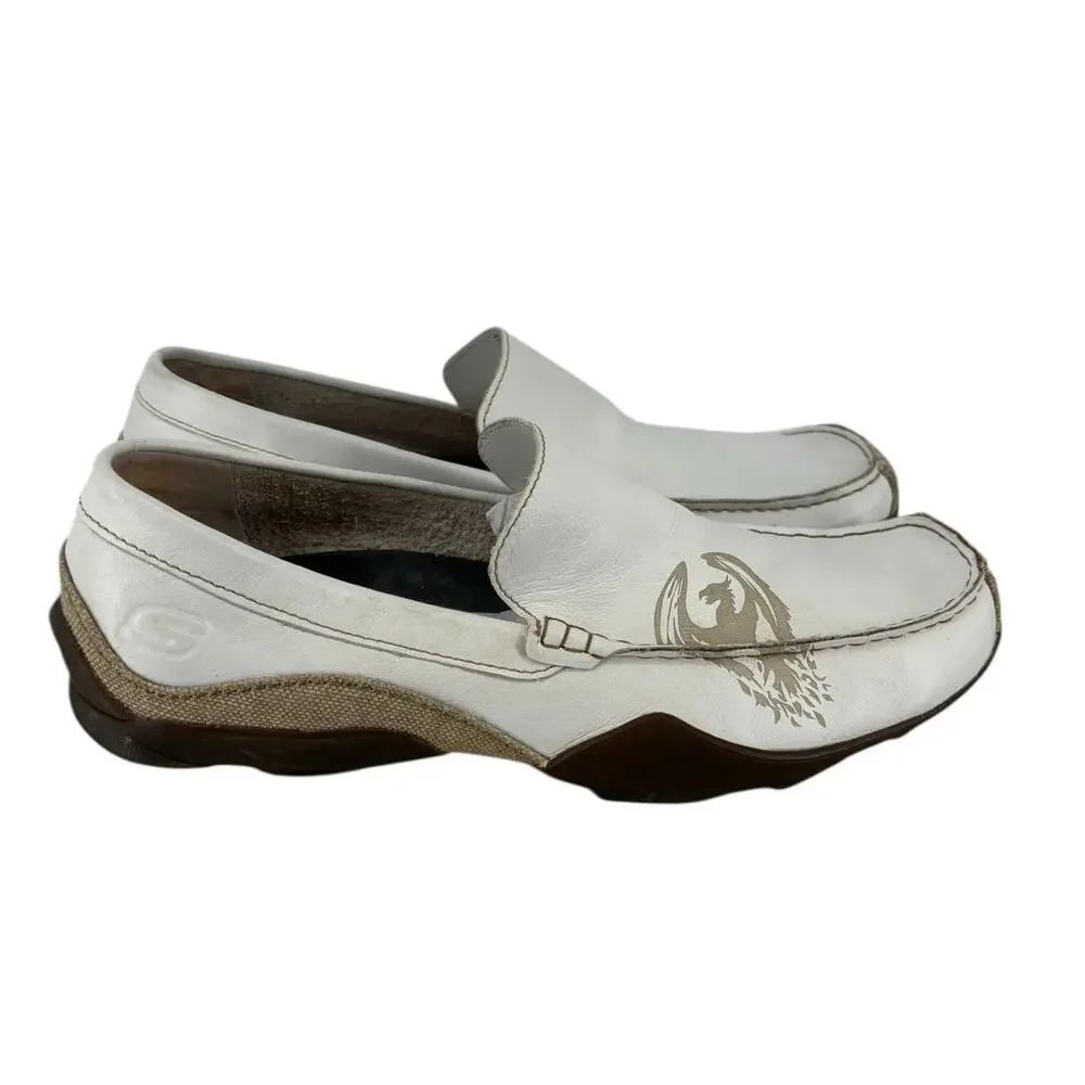 Vintage Y2K Skechers White Leather Driving Moc Mens 10.5 Streetwear Skate Dragon